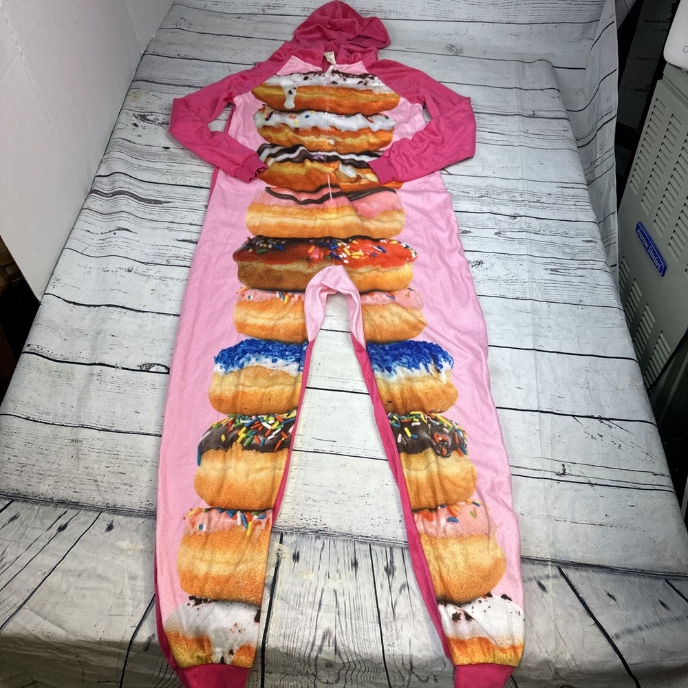 Faded Glory Womens Pink Doughnut Hooded 1 Piece Fleece Pajamas Union Suit Large